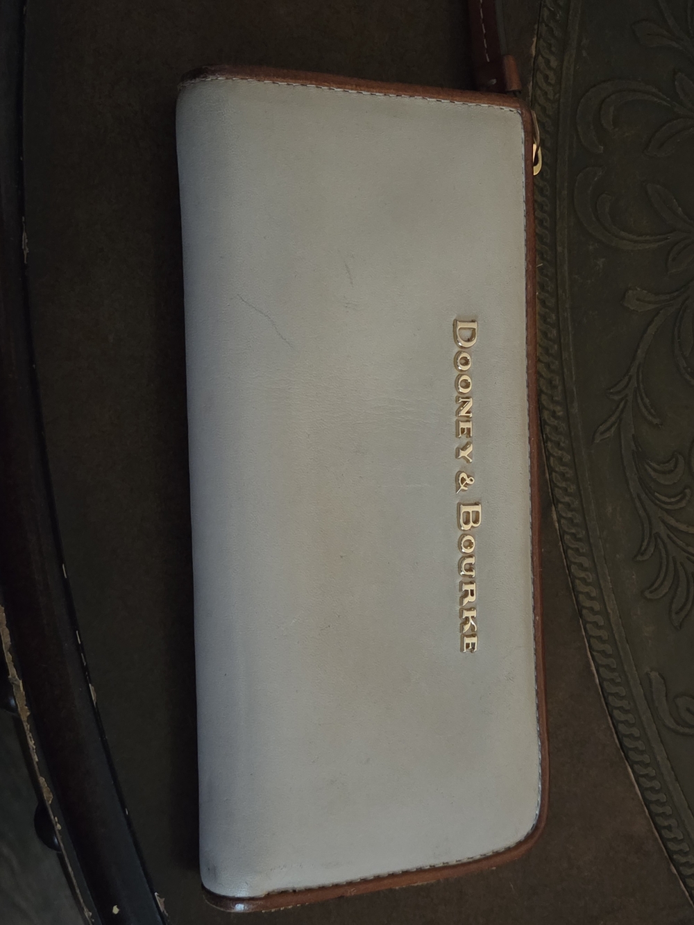 Dooney & Bourke Beige Leather Zip Wallet with Brown Trim